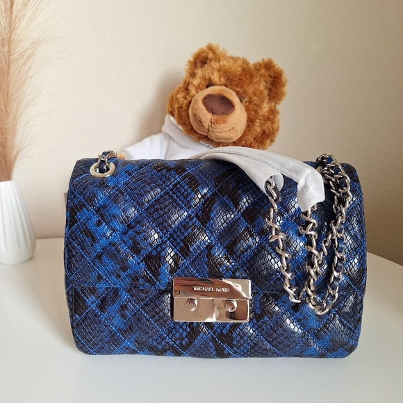 NWT Michael Kors Sloan Large Embossed Leather Shoulder Bag Blue (30H5SSLL3N) - Picture 2 of 10